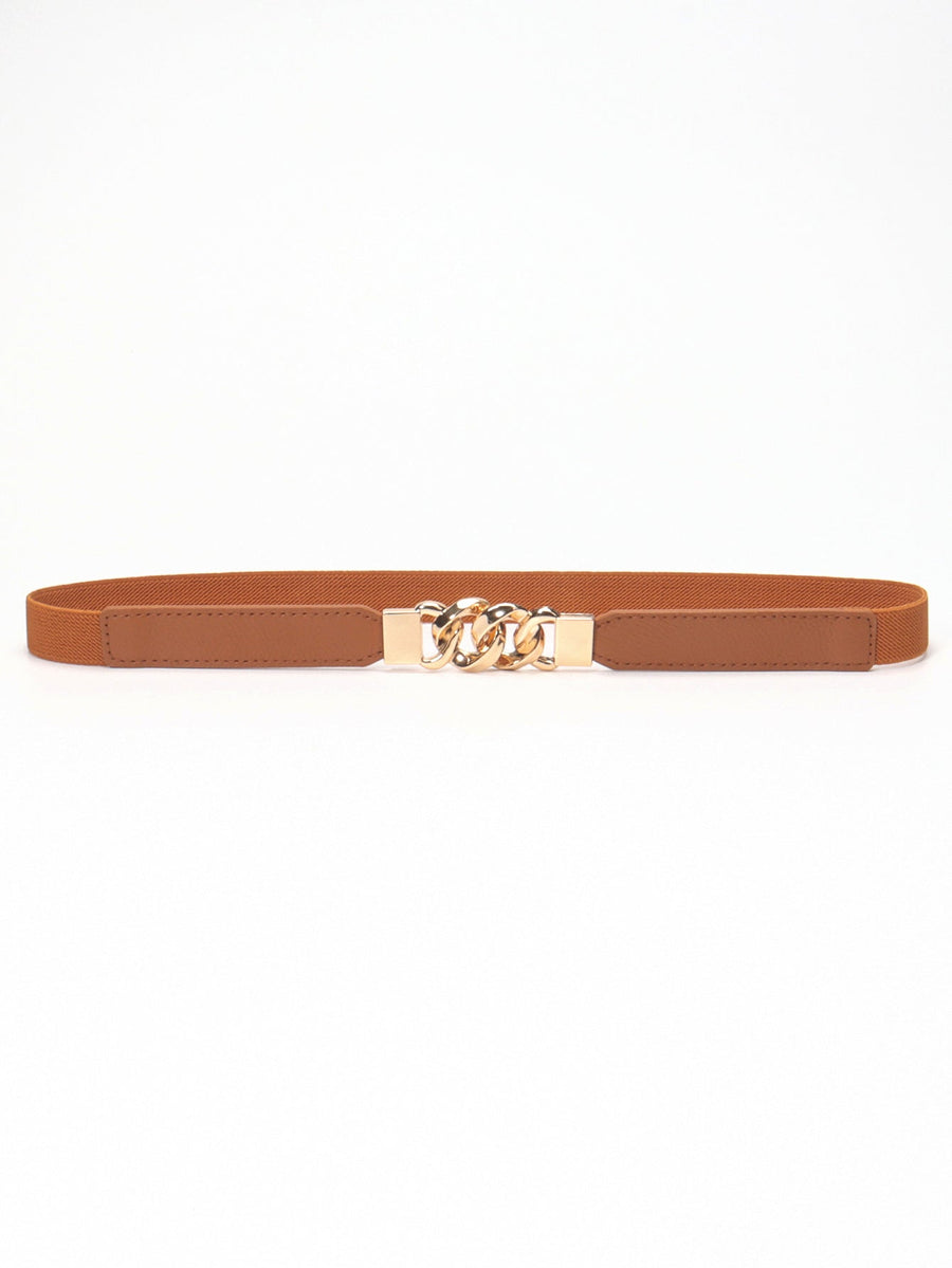 Chain detail faux leather elastic waist belt in Chocolate/Gold.