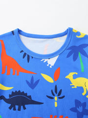 Blue toddler tee with a colorful dinosaur and palm tree print.
