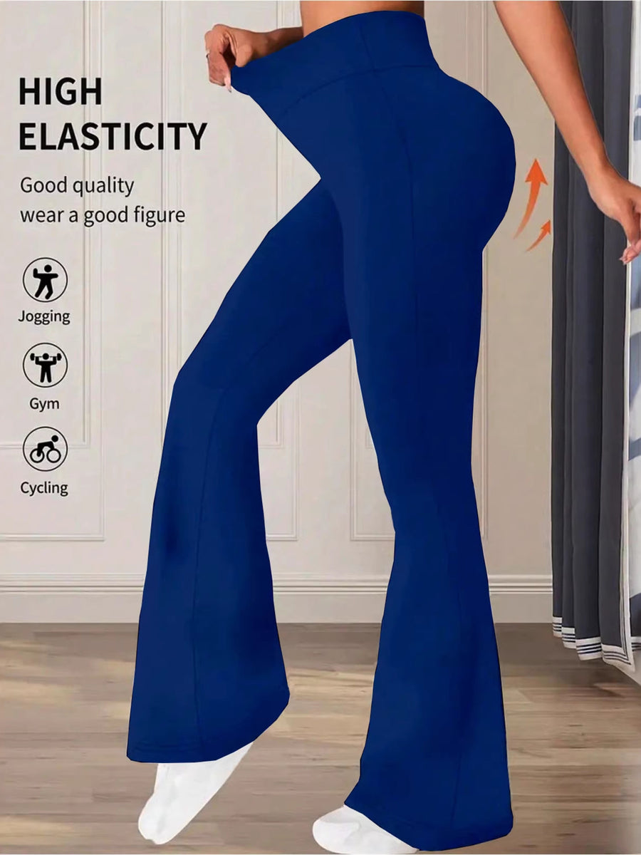 Blue high waist flare pants with high elasticity and a comfortable cotton blend.