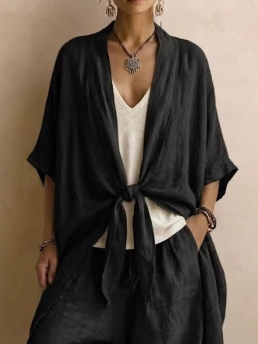 bohemian two-piece set in khaki with open-front