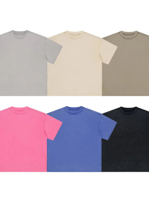 Raw seam washed cotton tees in black, gray, beige, blue, and hot pink.