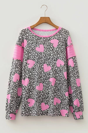 Leopard with Leopard Heart Print Colorblock Pullover Blouse