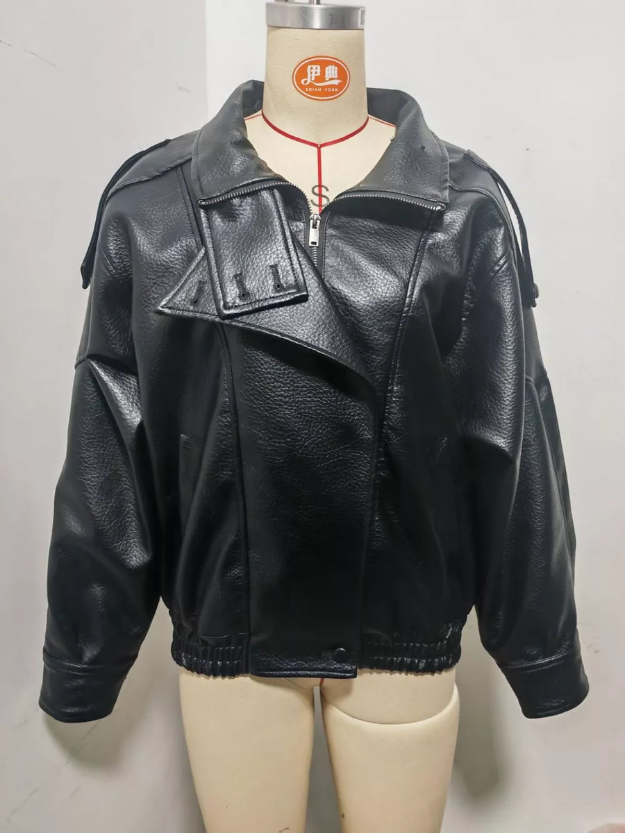 Zip-up Faux Leather Moto Jacket in Burgundy