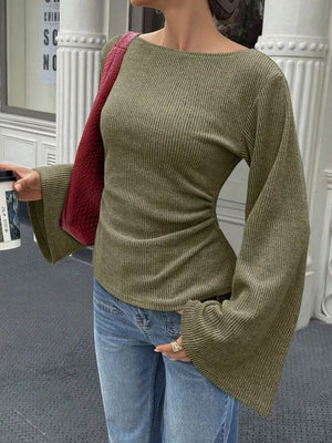 Army Green Ribbed Flare Sleeve Top With Ruched Detail