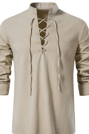 Khaki linen lace-up shirt with mandarin collar and long sleeves.