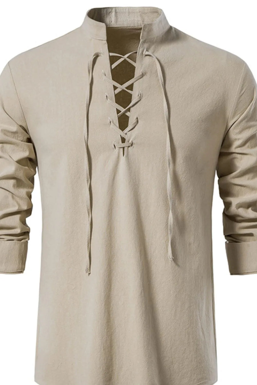 Khaki linen lace-up shirt with mandarin collar and long sleeves.