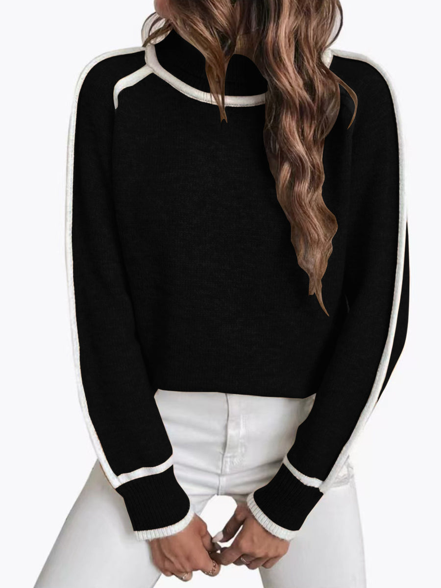 Contrast Trim Ribbed Hem Turtleneck Sweater Plus Size in Apricot with contrast trim
