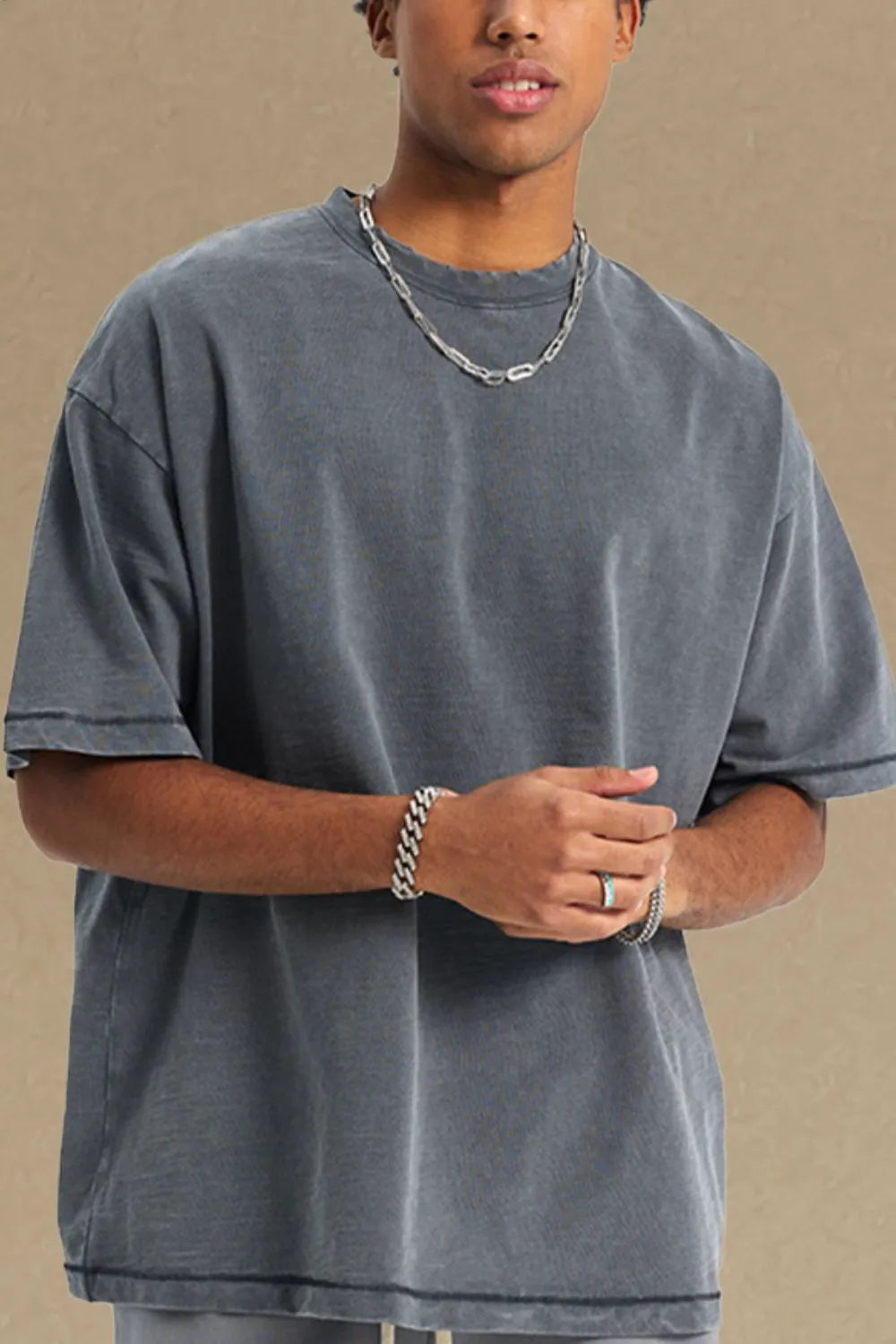 Dark Gray Essential Elevated Tee for Him, crew neck, short sleeves, relaxed fit, casual style.