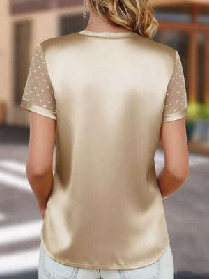 Champagne V-neck satin t-shirt with sheer polka dot sleeves