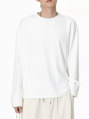 Men's white cotton long sleeve t-shirt, relaxed fit, crew neck, cuffed sleeves.