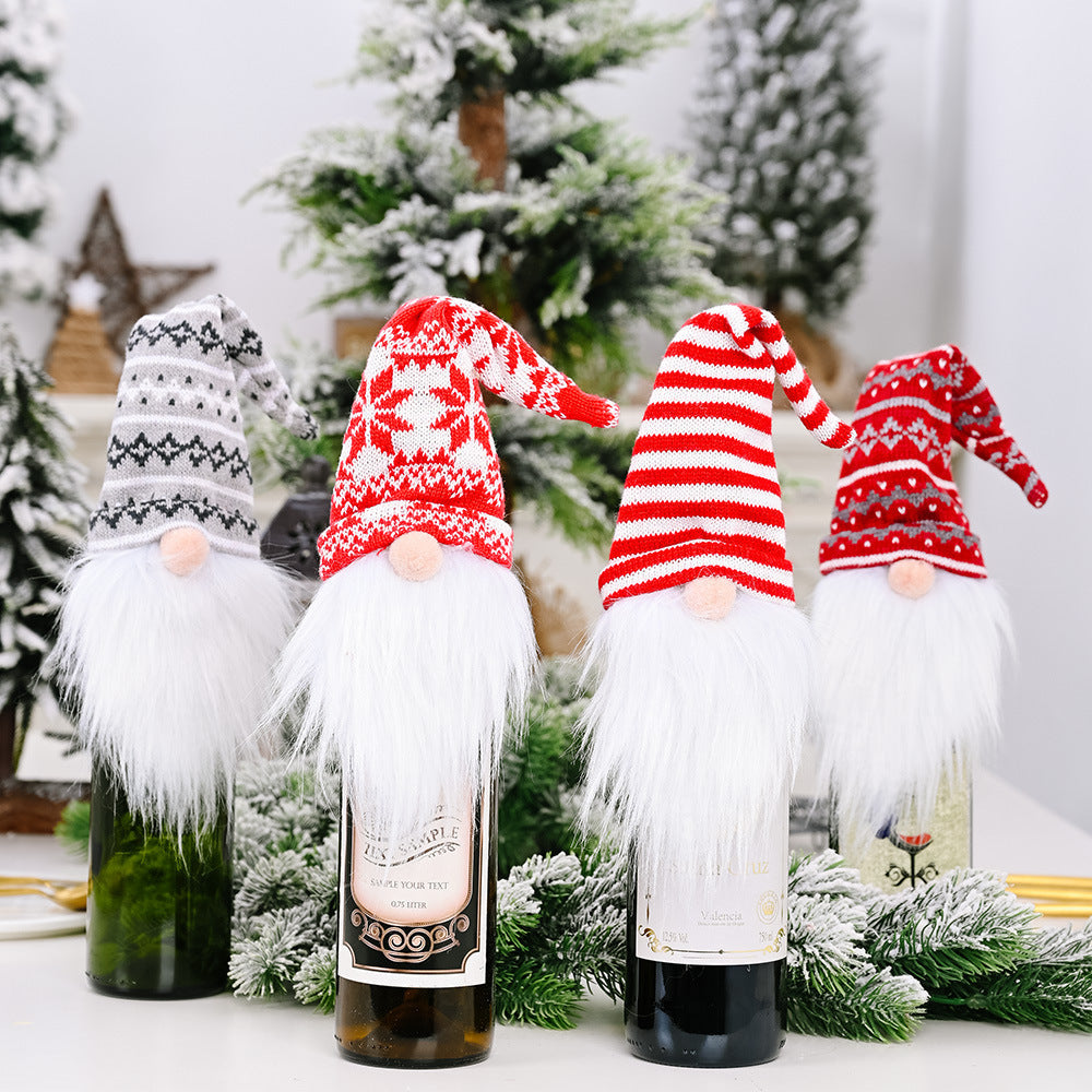 Festive gnome bottle toppers in red, white and grey knit patterns.