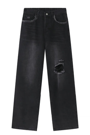 Distressed dark wide-leg denim jeans with raw edges and a ripped knee detail.