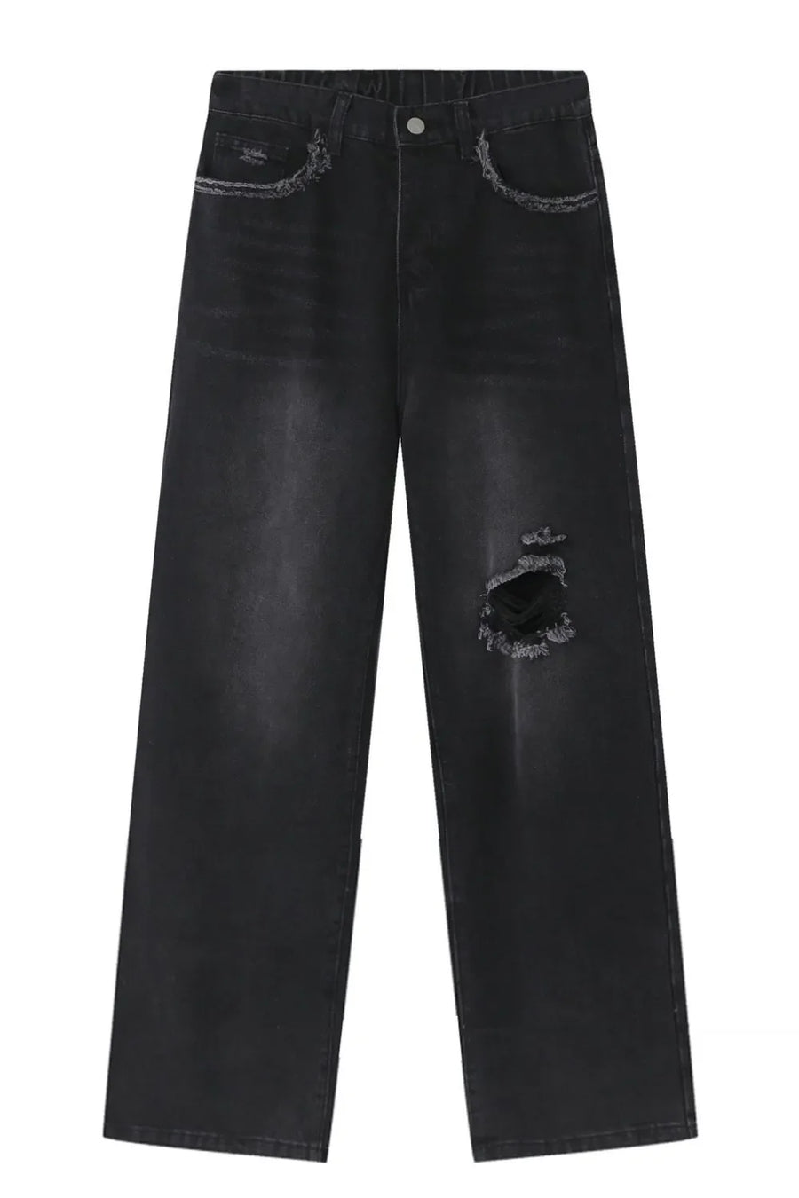 Distressed dark wide-leg denim jeans with raw edges and a ripped knee detail.
