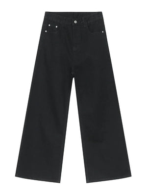 Black denim palazzo trousers with a wide leg and button closure.