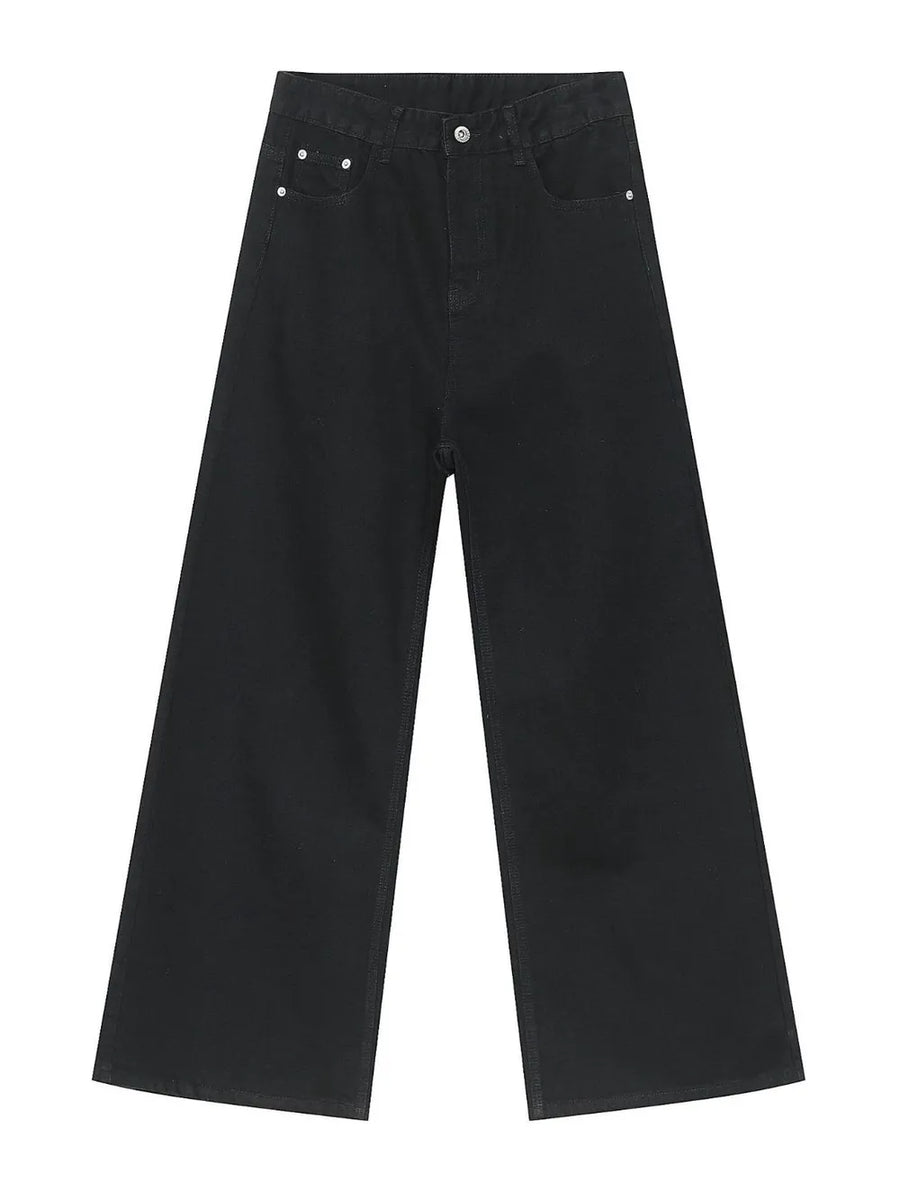 Black denim palazzo trousers with a wide leg and button closure.