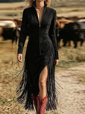 western midi dress in rust with deep v-neck