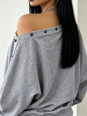 light gray off-shoulder top with long sleeve and long sleeve