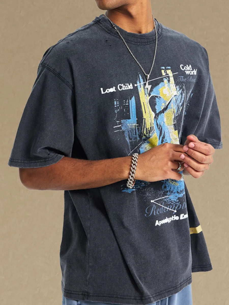 Black graphic t-shirt with distressed details and an apocalyptic scene print.