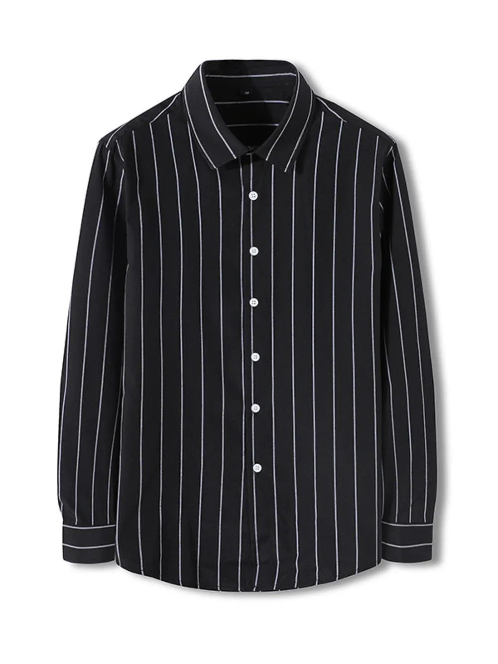 Black striped long sleeve cotton blend button-down shirt with white buttons.