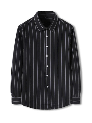 Black striped long sleeve cotton blend button-down shirt with white buttons.