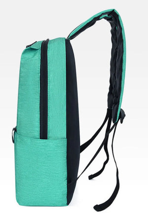 Textured aqua and black minimalist backpack with side pocket and adjustable straps.