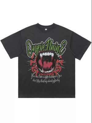 Dark gray 100% cotton oversized t-shirt with a bold graphic of an open mouth with fangs and text.