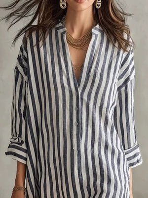 Full Size Striped 3/4 Sleeve Shirt Dress Plus Size in Green