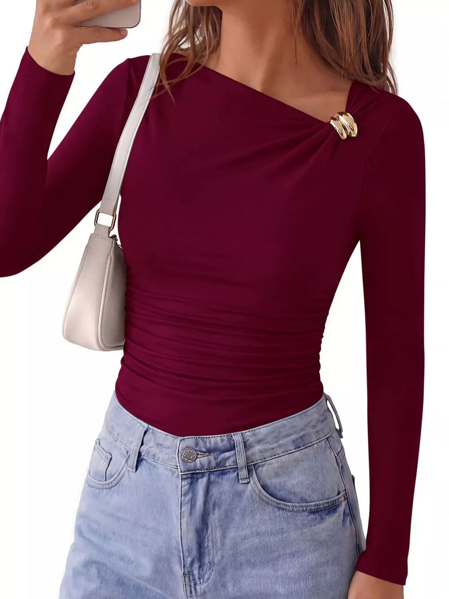 Metal Detail Long Sleeve T-shirt in beige with ruched