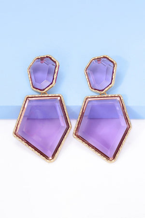 Resin facet drop earrings with gold trim in Red-Violet.