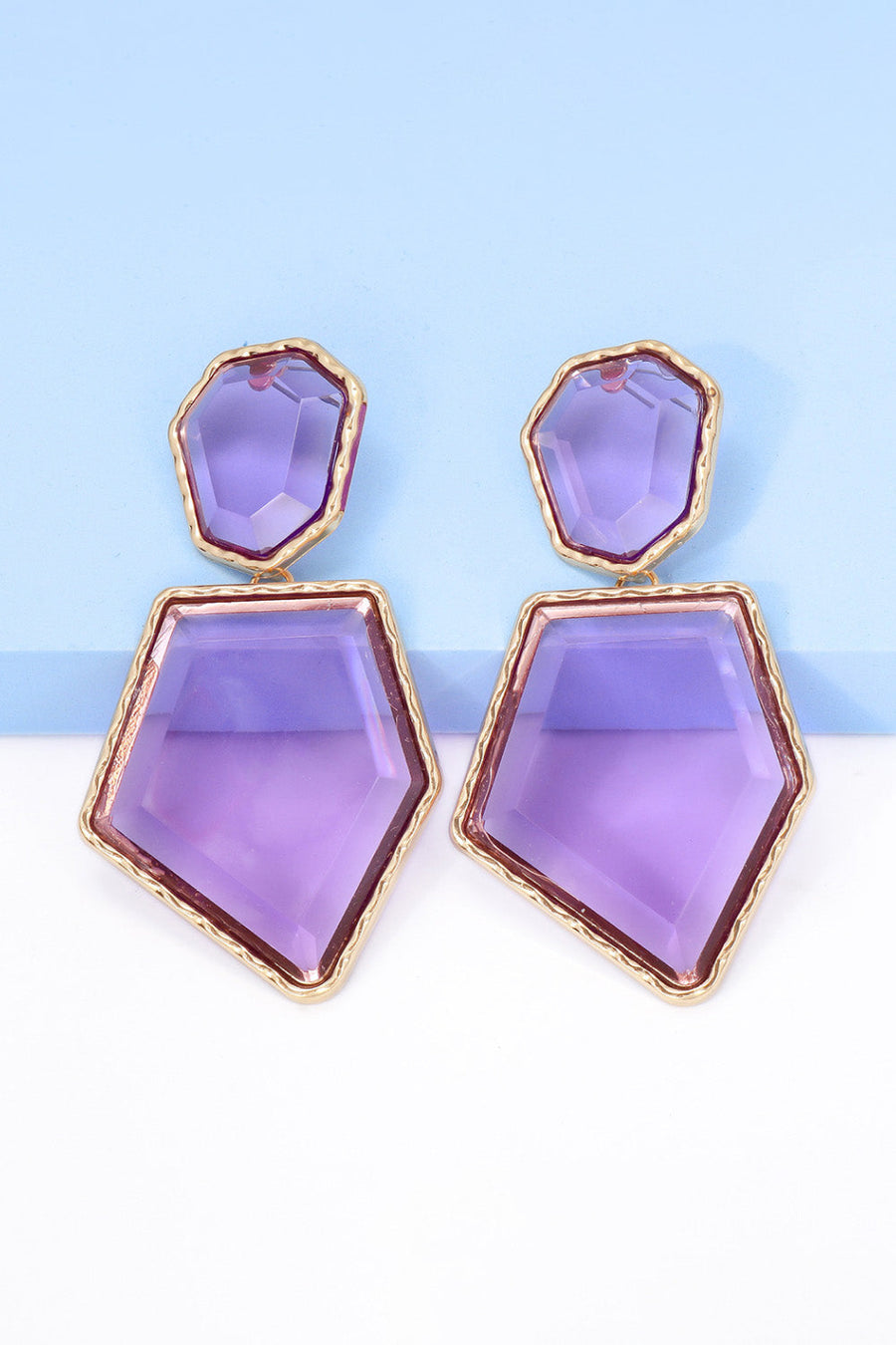 Resin facet drop earrings with gold trim in Red-Violet.