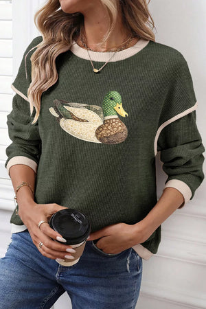 olive green pullover sweater with graphic print and crew neck