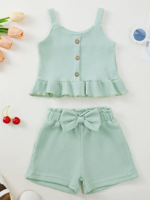Green waffle knit tank with ruffle hem and bow shorts set for baby girls.
