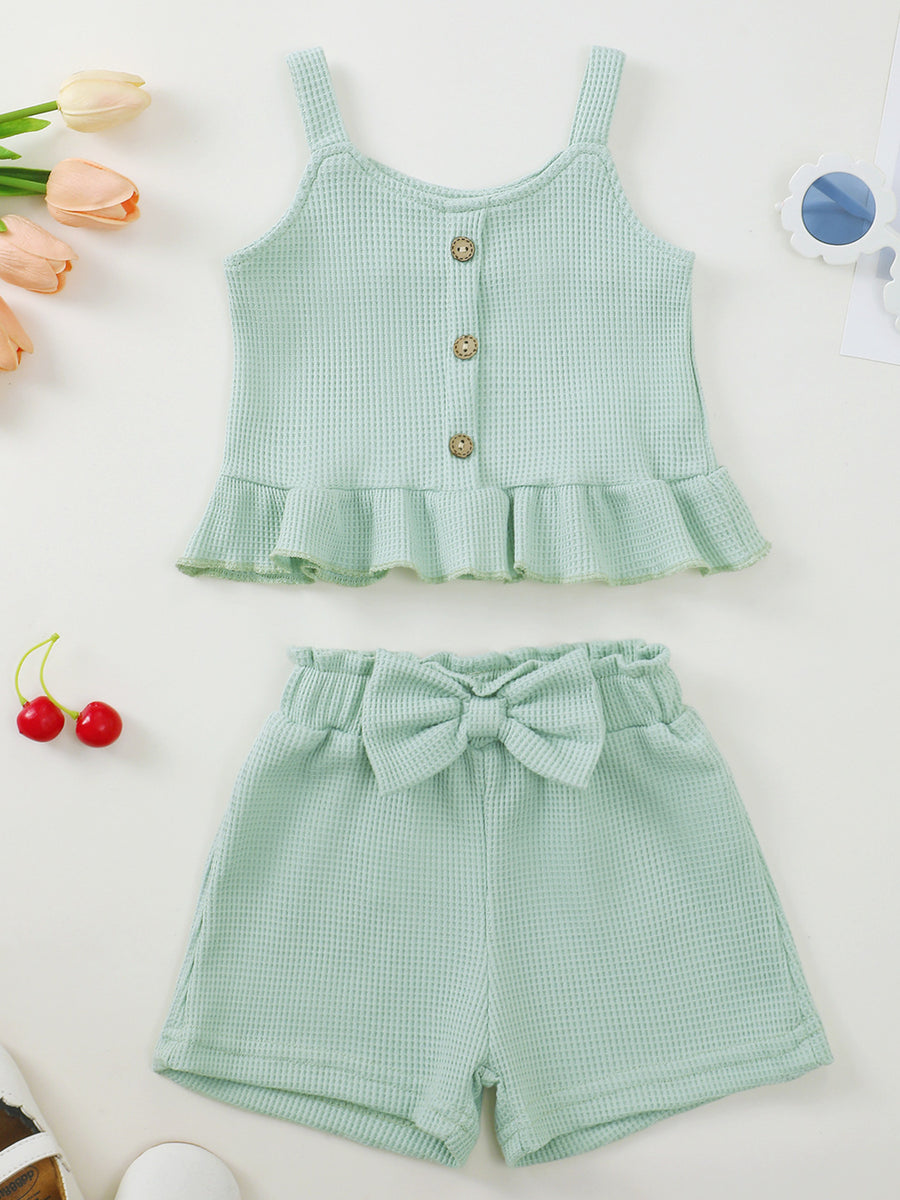 Green waffle knit tank with ruffle hem and bow shorts set for baby girls.