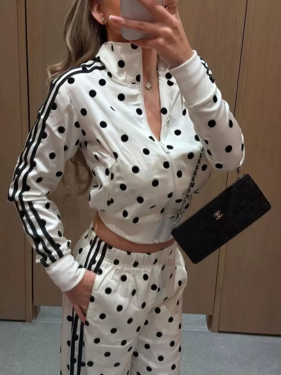 White Polka Dot Zip Up Outerwear And Pants Set