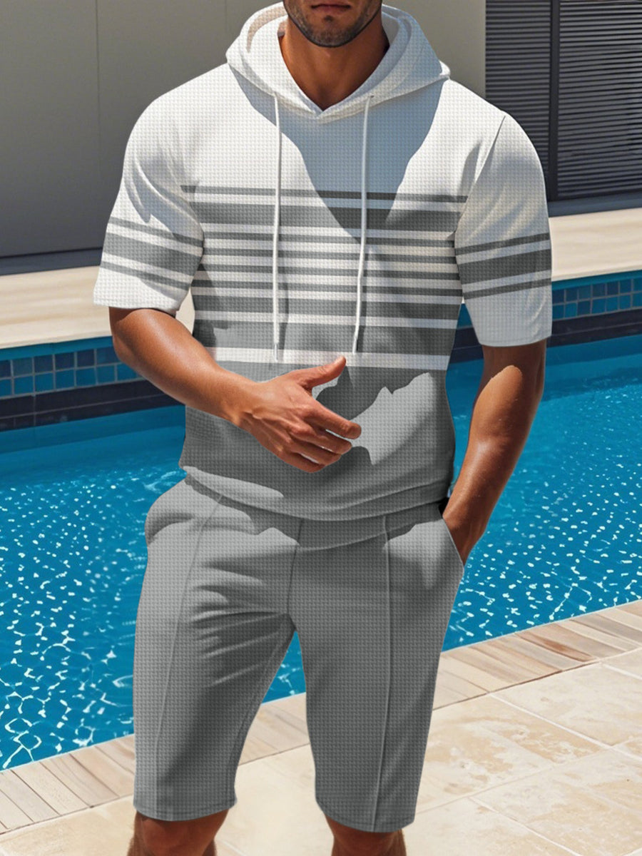 Gray Men's Striped Short Sleeve Hoodie And Shorts Set