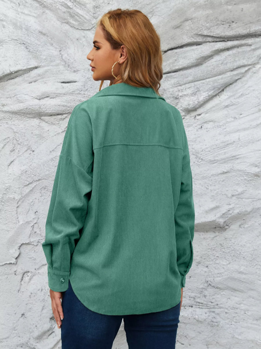 Peacock Green corduroy button-up overshirt with a relaxed fit and button cuffs.