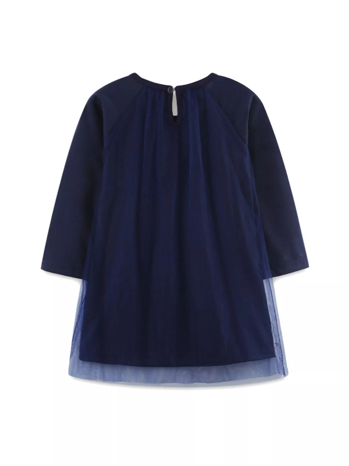 Dark navy baby dress with long sleeves and a layered tulle skirt.
