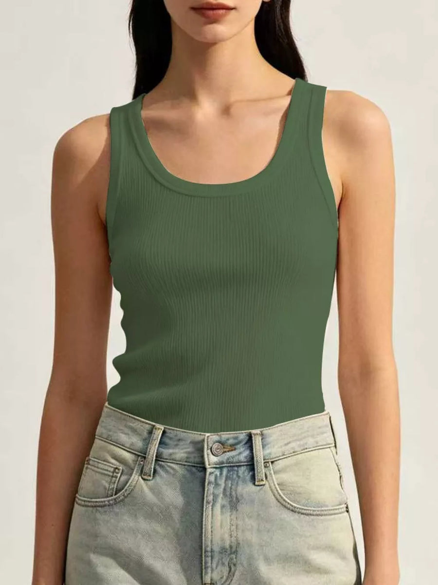 Ribbed Knit U-neck Tank in White