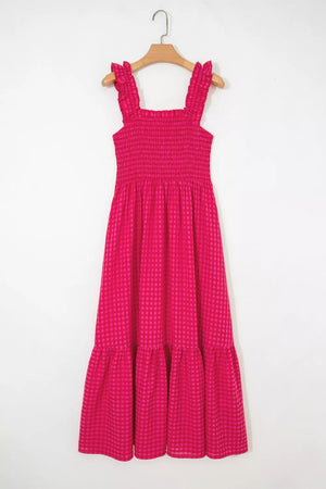 Deep rose plaid cotton sundress with smocked bodice and ruffled straps.