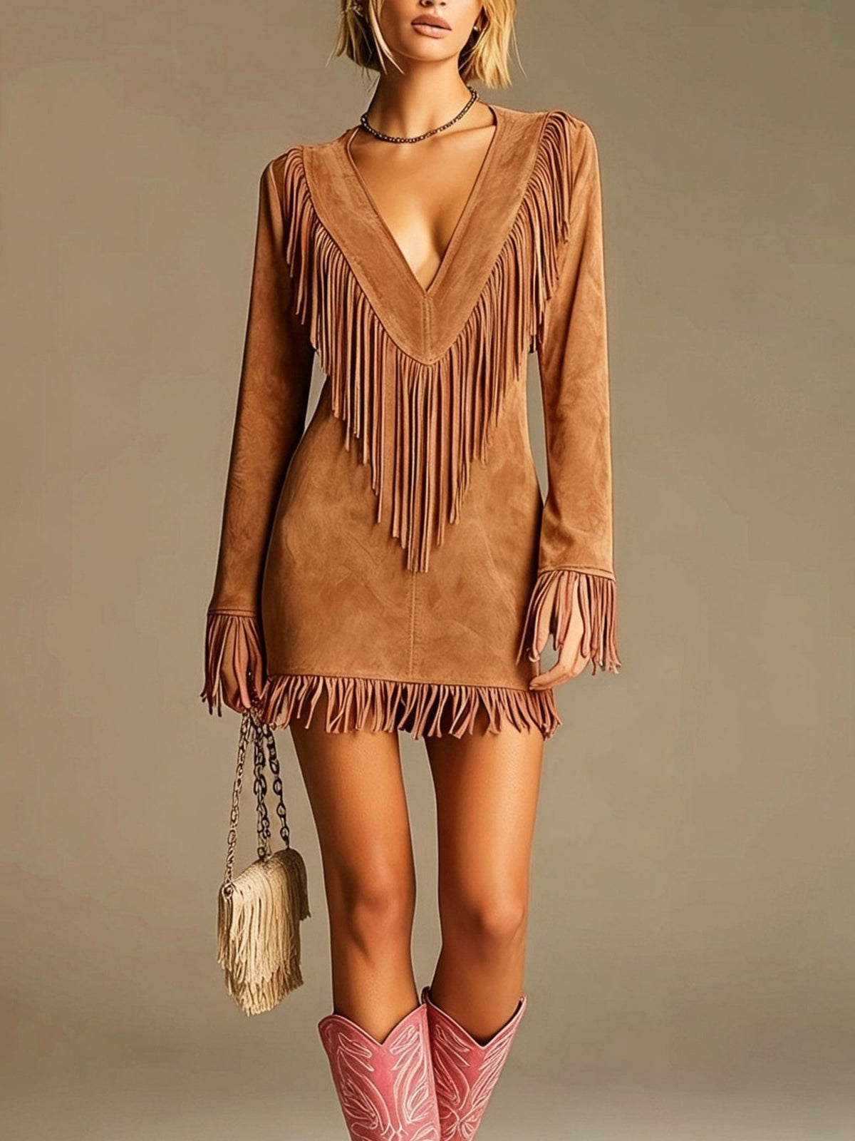 mini dress in camel featuring fringe and fitted fit
