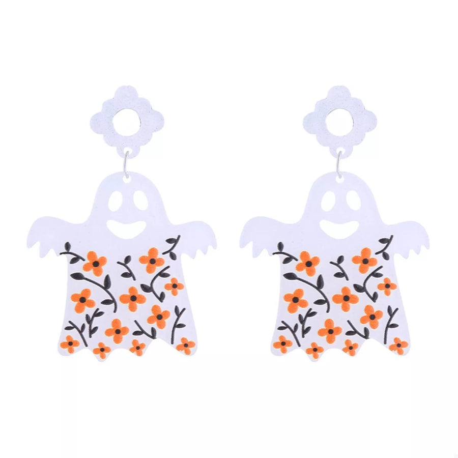 White acrylic ghost dangle earrings with orange floral pattern