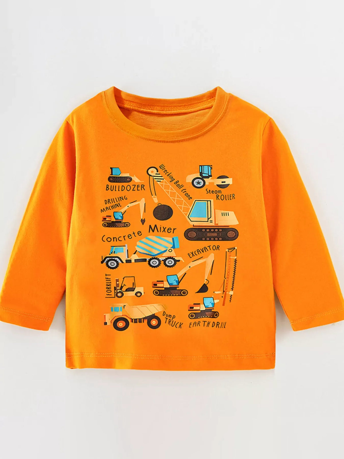 Orange cotton t-shirt with construction vehicles print for kids