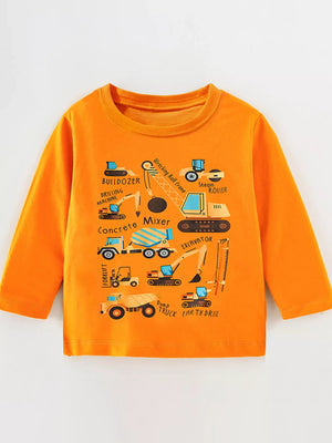 Orange cotton t-shirt with construction vehicles print for kids