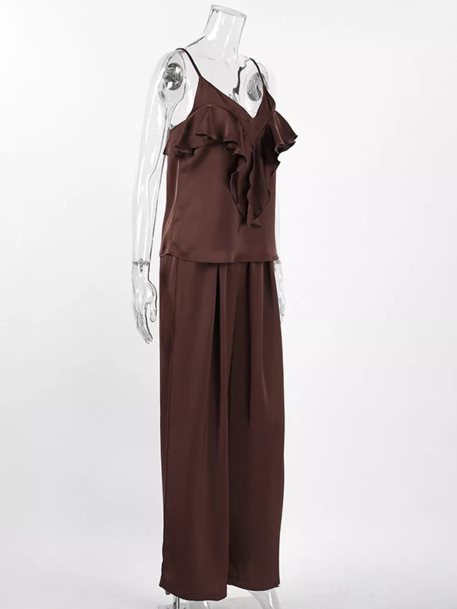 Brown relaxed two-piece set with v-neck