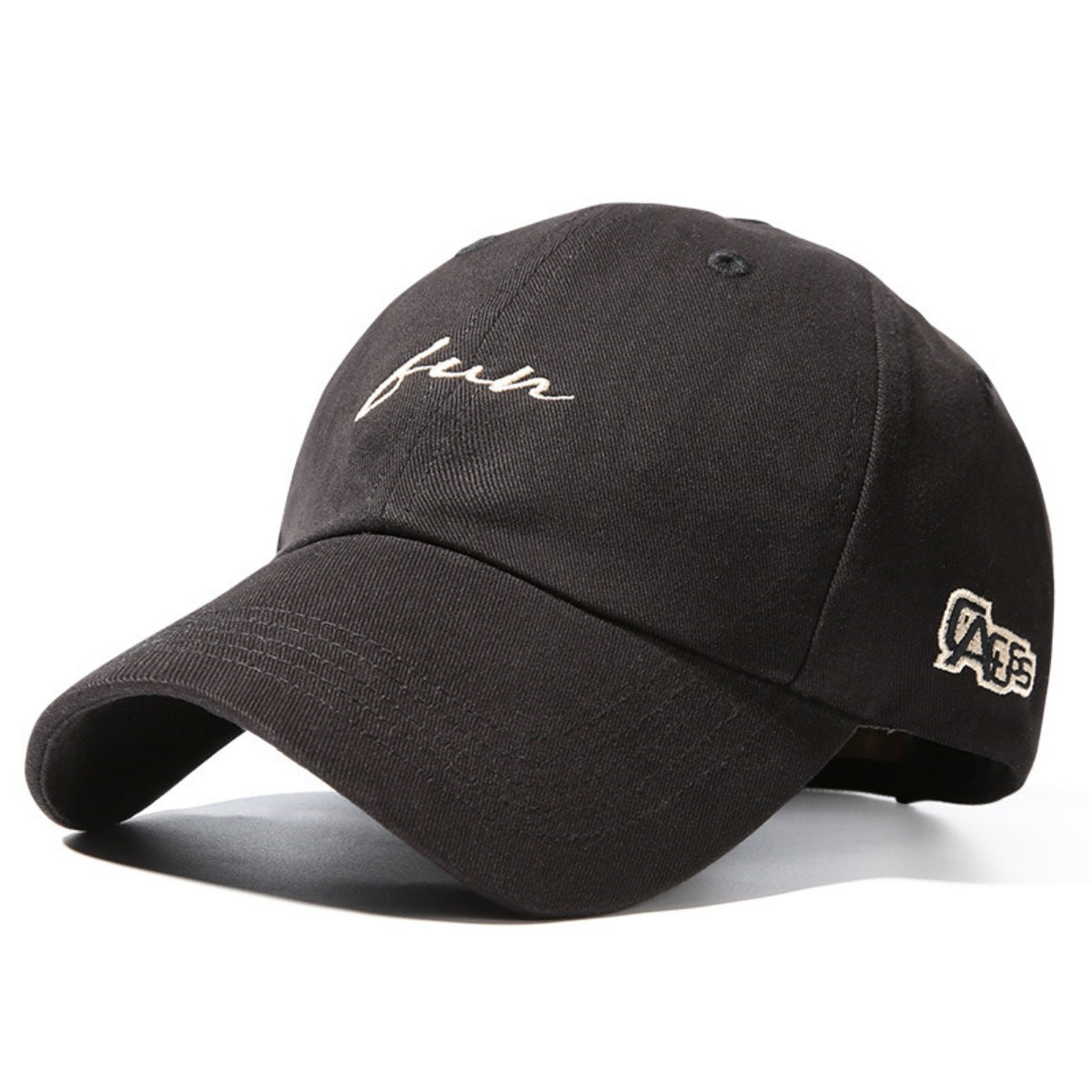 Black cotton baseball cap with embroidered "fun" and "AES" logos.