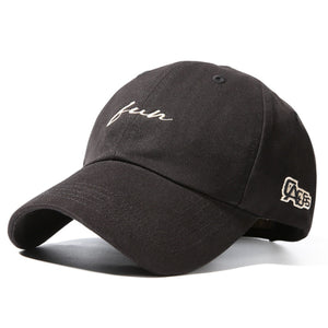 Black cotton baseball cap with embroidered "fun" and "AES" logos.