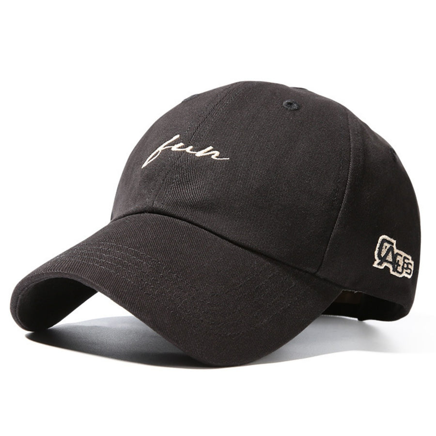 Black cotton baseball cap with embroidered "fun" and "AES" logos.