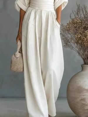 Full Size Half Sleeve Wide-Leg Jumpsuit Plus Size in Dusty Pink with pocketed
