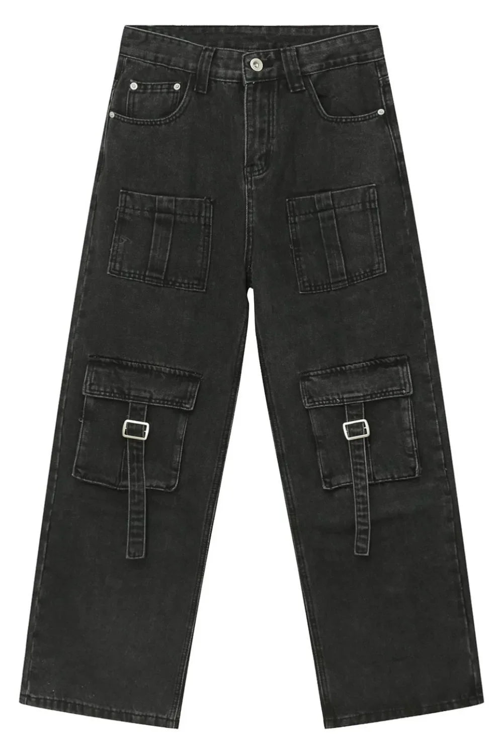 Dark utility denim cargo pants with buckle strap pockets and wide leg cut.