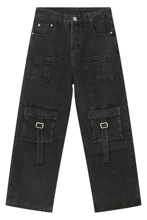 Dark utility denim cargo pants with buckle strap pockets and wide leg cut.